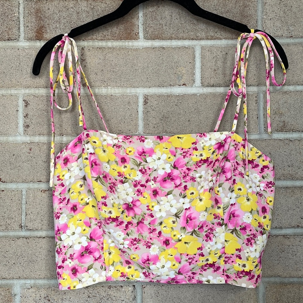 Neon Floral Print Tie-Shoulder Crop Top